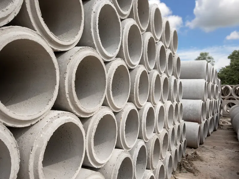 Precast concrete water drain pipe at manufacturing site.