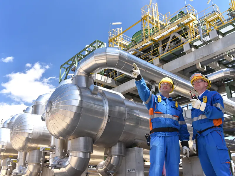 Two energy workers in blue coveralls point to as they stand in front of large energy structure.