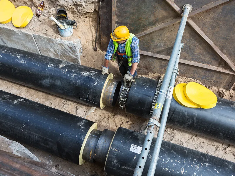 A worker sits in a trench on a pipeline pipe.