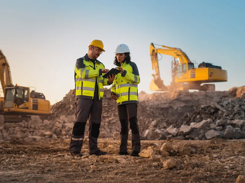 Male miner talking to Hispanic Female Inspector at mining site.